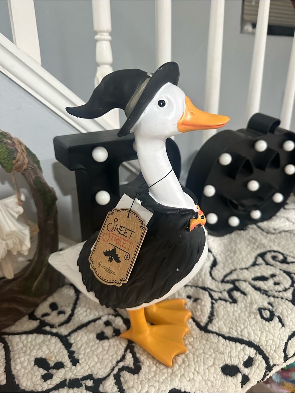 Halloween Witch Duck Statue Black Hat Bat Bow Tie 12 Inch